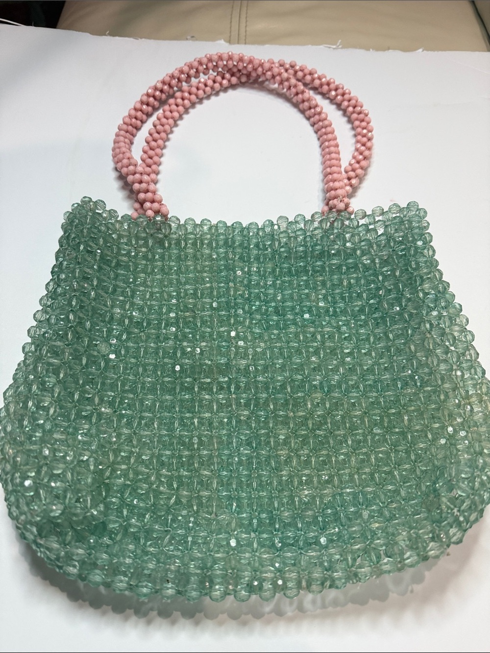 Handmade Beaded Mint Green Tote with Pink Beaded Handles